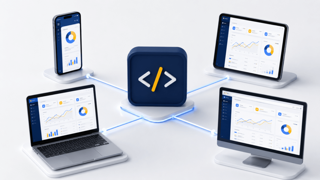 Zentrales Code-Modul, das mit Smartphone, Tablet, Laptop und Desktop-PC verbunden ist; auf allen Geräten wird dieselbe Business-Anwendung dargestellt.