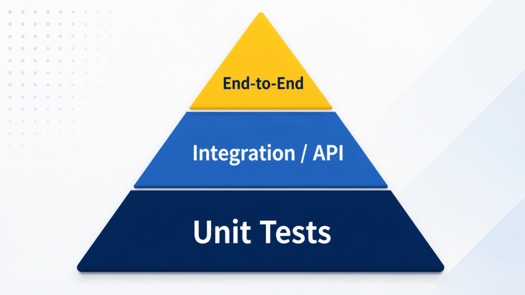 Dreistufige Testpyramide mit einer breiten Basis aus Unit Tests, einer mittleren Ebene für Integration und API sowie einer kleinen Spitze für End-to-End-Tests.