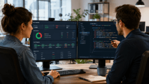 Zwei Softwareentwickler:innen analysieren gemeinsam Testresultate, eine CI/CD-Pipeline und automatisierten Testcode auf zwei Monitoren.