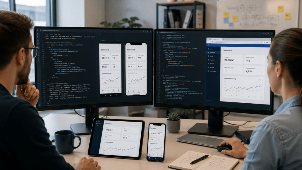 Zwei Softwareentwickler:innen arbeiten gemeinsam an einer Cross-Plattform-Anwendung, die auf mehreren Monitoren sowie auf Smartphone und Tablet dargestellt wird.