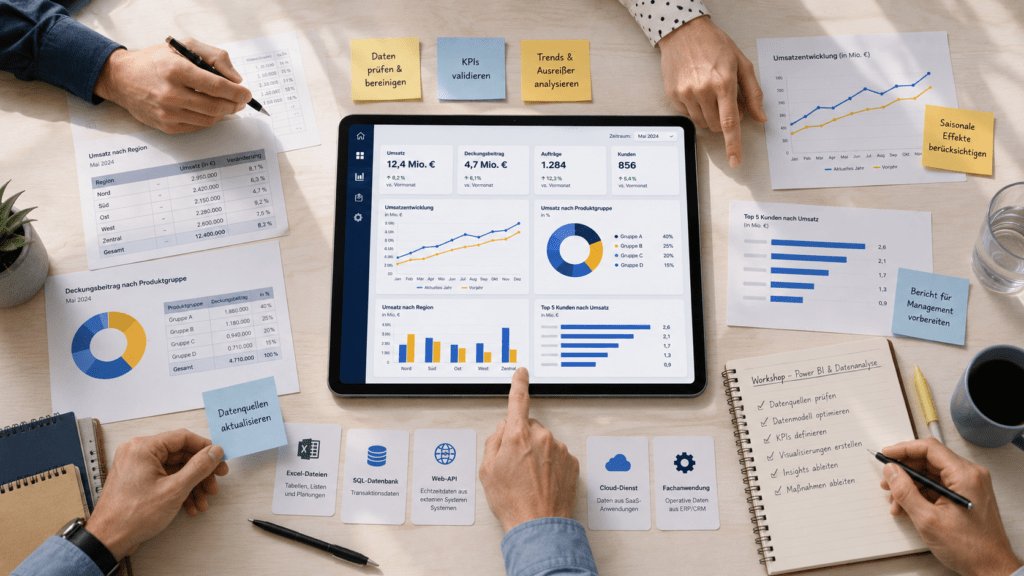 Draufsicht auf einen Workshop-Tisch mit interaktivem Business-Dashboard auf einem Tablet, ausgedruckten Diagrammen, Datenquellenkarten, Notizen und mehreren Händen bei der gemeinsamen Analyse.