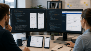Zwei Softwareentwickler:innen arbeiten gemeinsam an einer Cross-Plattform-Anwendung, die auf mehreren Monitoren sowie auf Smartphone und Tablet dargestellt wird.