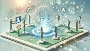 Mehrere Personen stehen auf einer digitalen Plattform und sind über Symbole für Kommunikation, Daten, Benutzer und vernetzte Systeme miteinander verbunden.