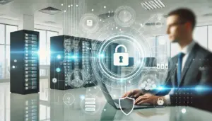 Person arbeitet an einem Laptop vor Servern; eine digitale Sicherheitsgrafik mit Schloss- und Schildsymbol visualisiert den Schutz von Daten und IT-Systemen.