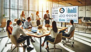 Mehrere Mitarbeitende besprechen in einem modernen Konferenzraum gemeinsam ein Dashboard mit Diagrammen, Kennzahlen und Prozessgrafiken auf einem großen Bildschirm.