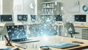 Moderner Arbeitsplatz mit Laptop und Monitoren; schwebende Symbole für Datenbanken, Diagramme, Benutzer und vernetzte digitale Prozesse visualisieren eine datenbasierte IT-Lösung.