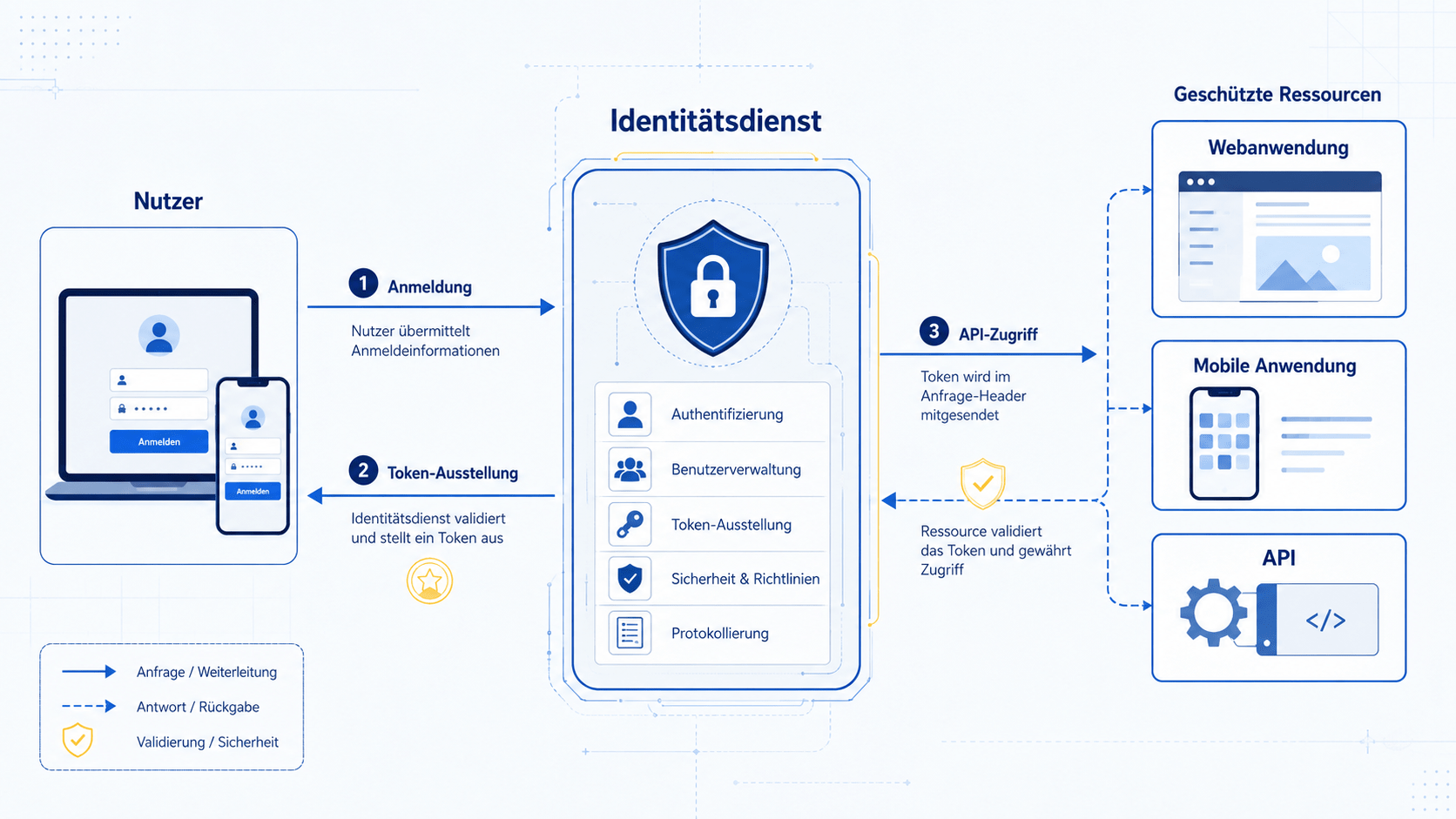Technische OIDC-Architektur mit Nutzer, zentralem Identitätsdienst sowie Webanwendung, mobiler Anwendung und API; Anmeldung, Token-Ausstellung und geschützter API-Zugriff werden schematisch dargestellt.