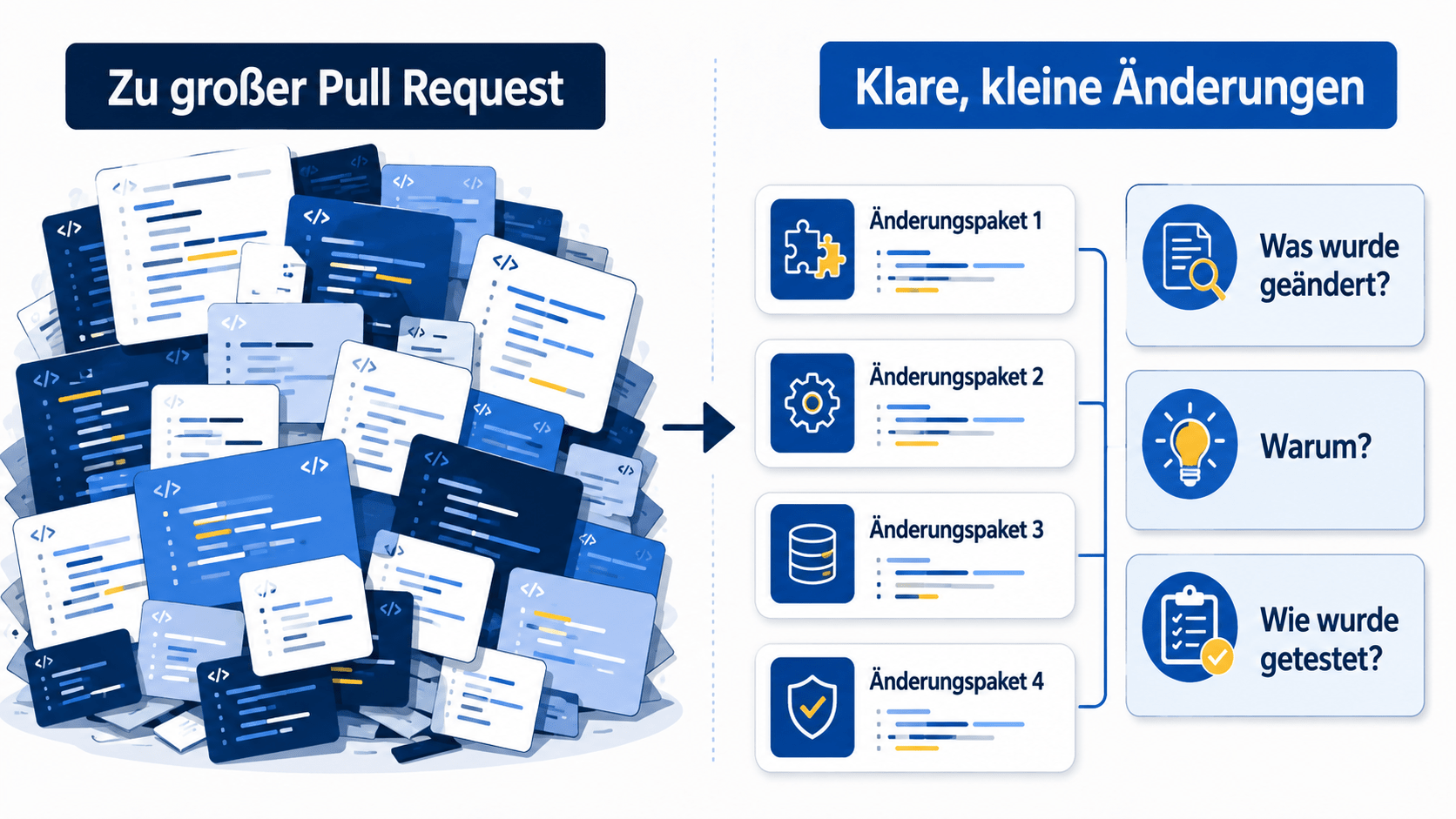 Vergleich zwischen einem unübersichtlich großen Pull Request und mehreren klar abgegrenzten Änderungspaketen mit Angaben zu Änderung, Begründung und Tests.