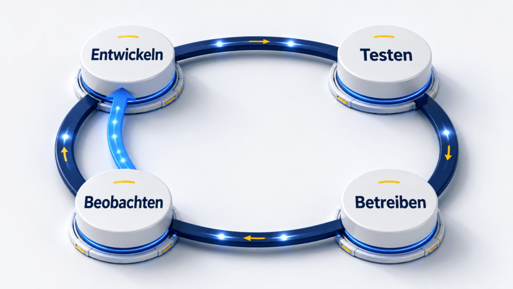 3D-Kreislauf der DevOps-Phasen Entwickeln, Testen, Betreiben und Beobachten mit direktem Feedback-Kanal von der Beobachtung zurück zur Entwicklung.