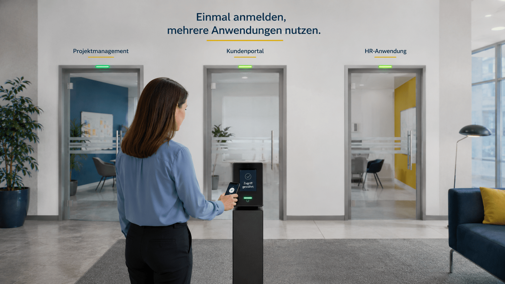 Person authentifiziert sich an einem zentralen Zugangspunkt in einer Büro-Lobby und erhält anschließend Zugriff auf mehrere Anwendungen wie Projektmanagement, Kundenportal und HR-Anwendung.
