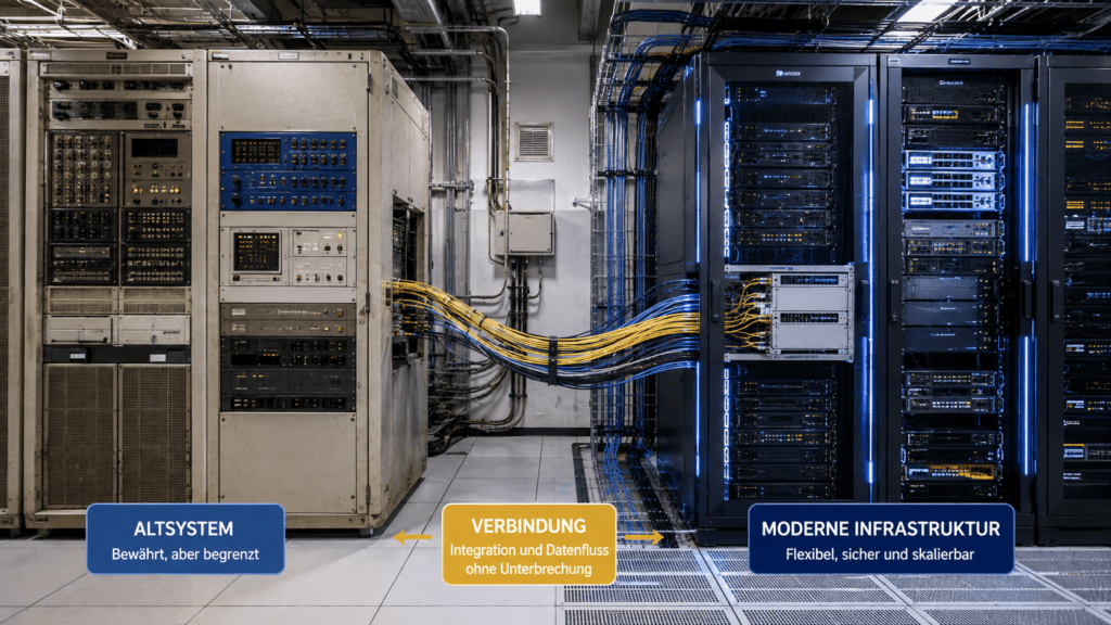 Rechenzentrum mit älteren Server- und Schaltschränken auf der linken und moderner Serverinfrastruktur auf der rechten Seite, verbunden durch Datenleitungen für eine schrittweise Modernisierung.