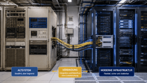 Rechenzentrum mit älteren Server- und Schaltschränken auf der linken und moderner Serverinfrastruktur auf der rechten Seite, verbunden durch Datenleitungen für eine schrittweise Modernisierung.