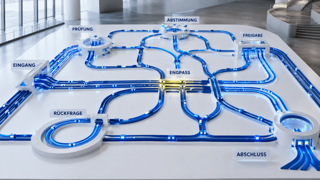 Fotorealistische Prozessinstallation mit mehreren verzweigten Datenwegen durch die Stationen Eingang, Prüfung, Abstimmung und Freigabe; ein gelb markierter Engpass macht eine Prozessverzögerung sichtbar.
