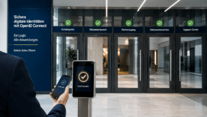 Person hält ein Smartphone an einen zentralen Zugangsterminal; mehrere digitale Anwendungen im Hintergrund zeigen erfolgreichen Zugriff und symbolisieren zentrale Authentifizierung mit Single Sign-On.