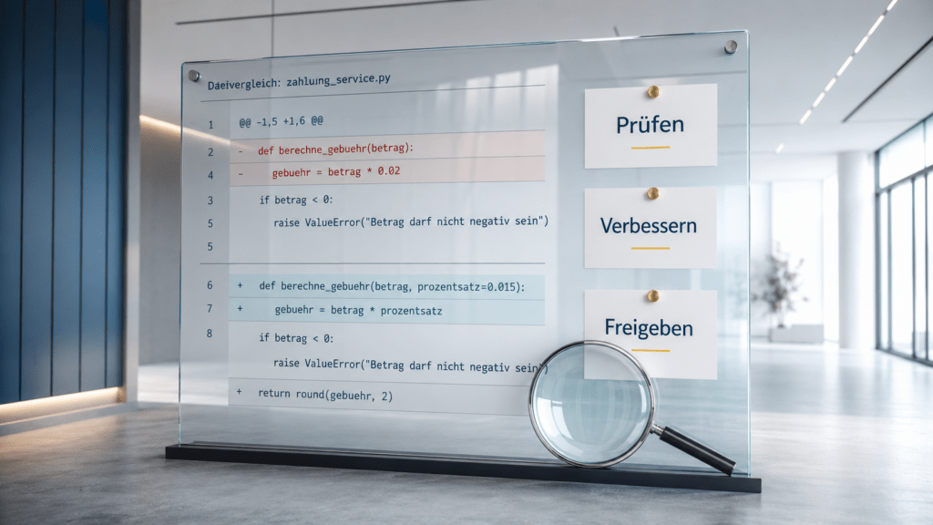 Transparente Glaswand mit hervorgehobenem Code-Vergleich, den Review-Schritten Prüfen, Verbessern und Freigeben sowie einer Lupe als Symbol für die genaue Codeprüfung.