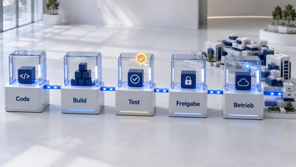 Modulare technische Installation mit den fünf verbundenen DevOps-Stationen Code, Build, Test, Freigabe und Betrieb, die den automatisierten Weg einer Softwareänderung bis zum laufenden System darstellen.