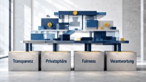 Modulares digitales Systemmodell auf vier Fundamentblöcken mit den Werten Transparenz, Privatsphäre, Fairness und Verantwortung als Grundlage verantwortungsvoller Systemgestaltung.