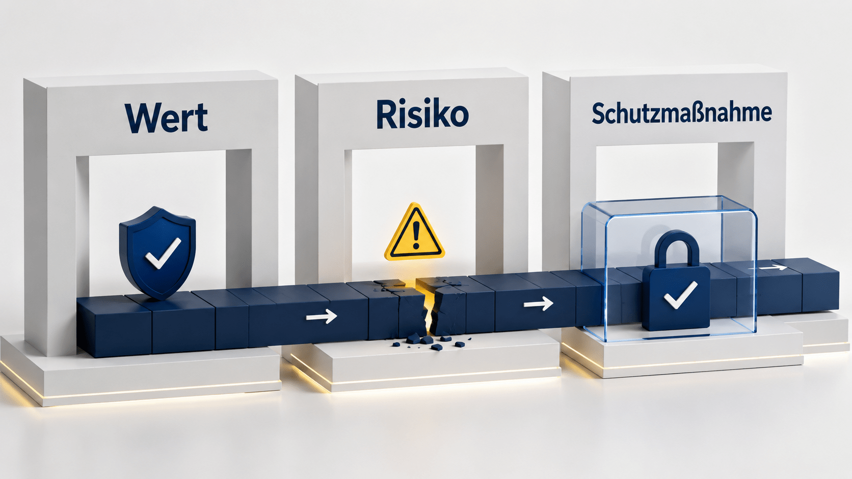 Dreistufige Darstellung von Wert, Risiko und Schutzmaßnahme mit einem Systembaustein, dessen erkannte Schwachstelle durch einen zusätzlichen Sicherheitsmechanismus abgesichert wird.