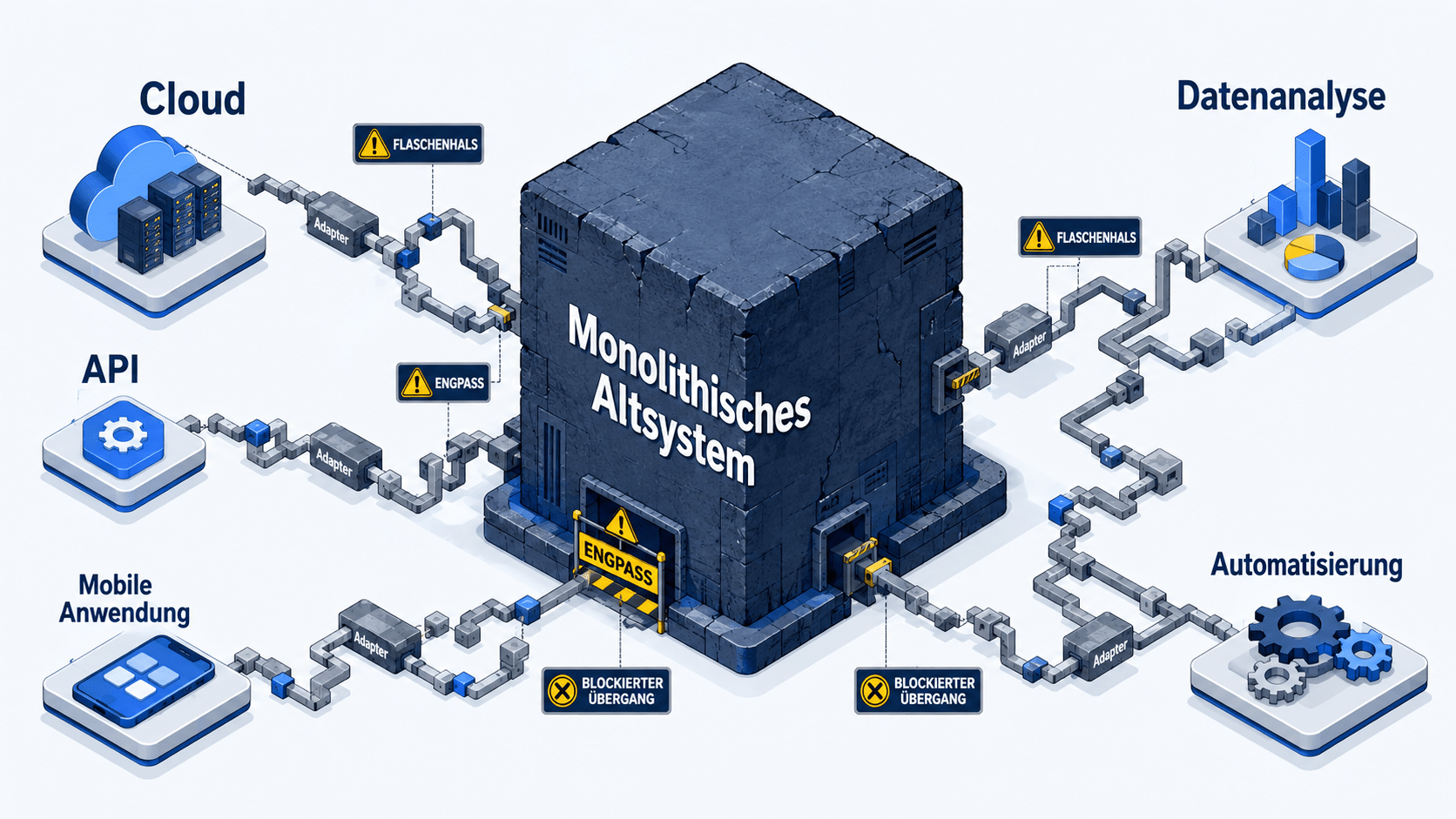 Isometrische Darstellung eines monolithischen Altsystems mit zahlreichen Adaptern und Engpässen bei der Anbindung moderner Bereiche wie Cloud, API, Datenanalyse, Automatisierung und mobile Anwendung.