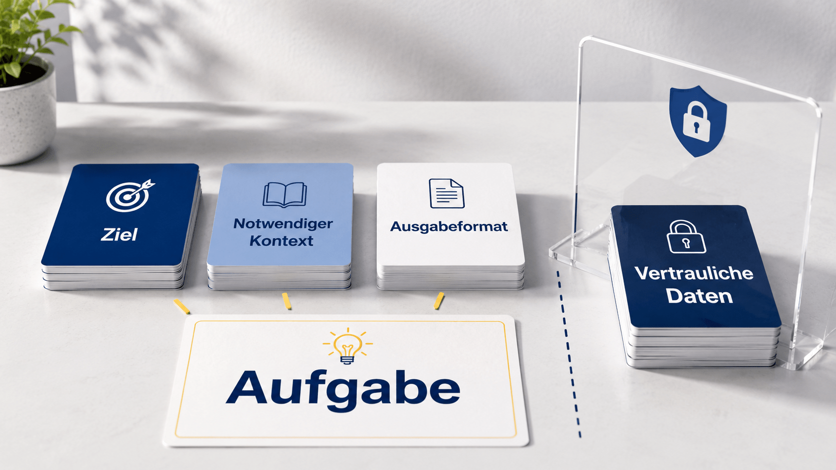 Darstellung einer KI-Aufgabe mit den Informationsbereichen Ziel, notwendiger Kontext und Ausgabeformat; vertrauliche Daten werden durch eine separate Schutzbarriere abgeschirmt.
