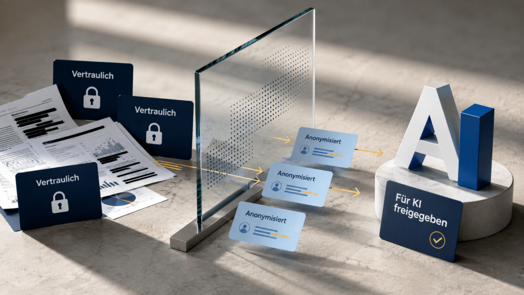 Vertrauliche Unternehmensdaten passieren einen Datenschutzfilter und werden anonymisiert, bevor ausgewählte Informationen für die Nutzung durch eine KI freigegeben werden.