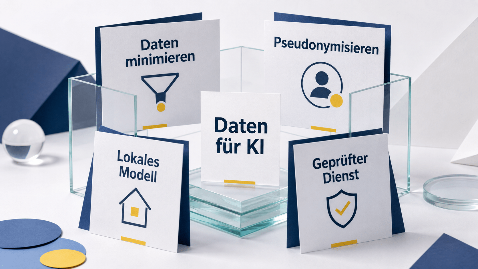 Darstellung von vier Schutzmaßnahmen für KI-Daten: Daten minimieren, pseudonymisieren, ein lokales Modell verwenden und einen geprüften Dienst einsetzen.
