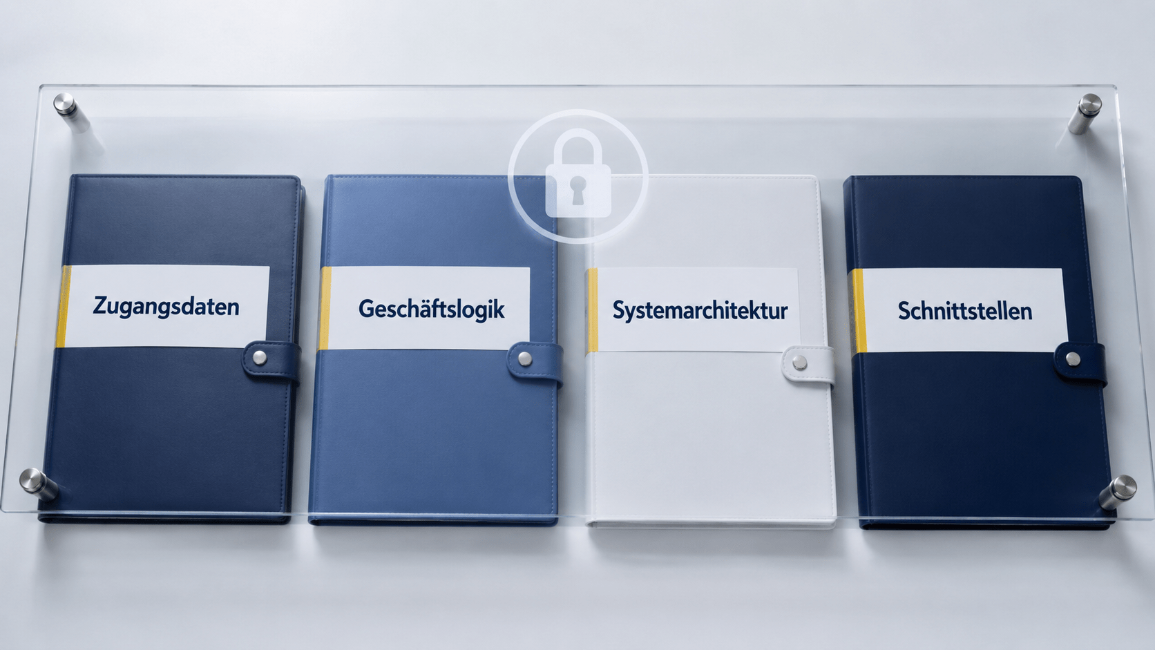 Geschützte Dokumentenmappen für Zugangsdaten, Geschäftslogik, Systemarchitektur und Schnittstellen unter einer transparenten Sicherheitsabdeckung mit Schloss-Symbol.